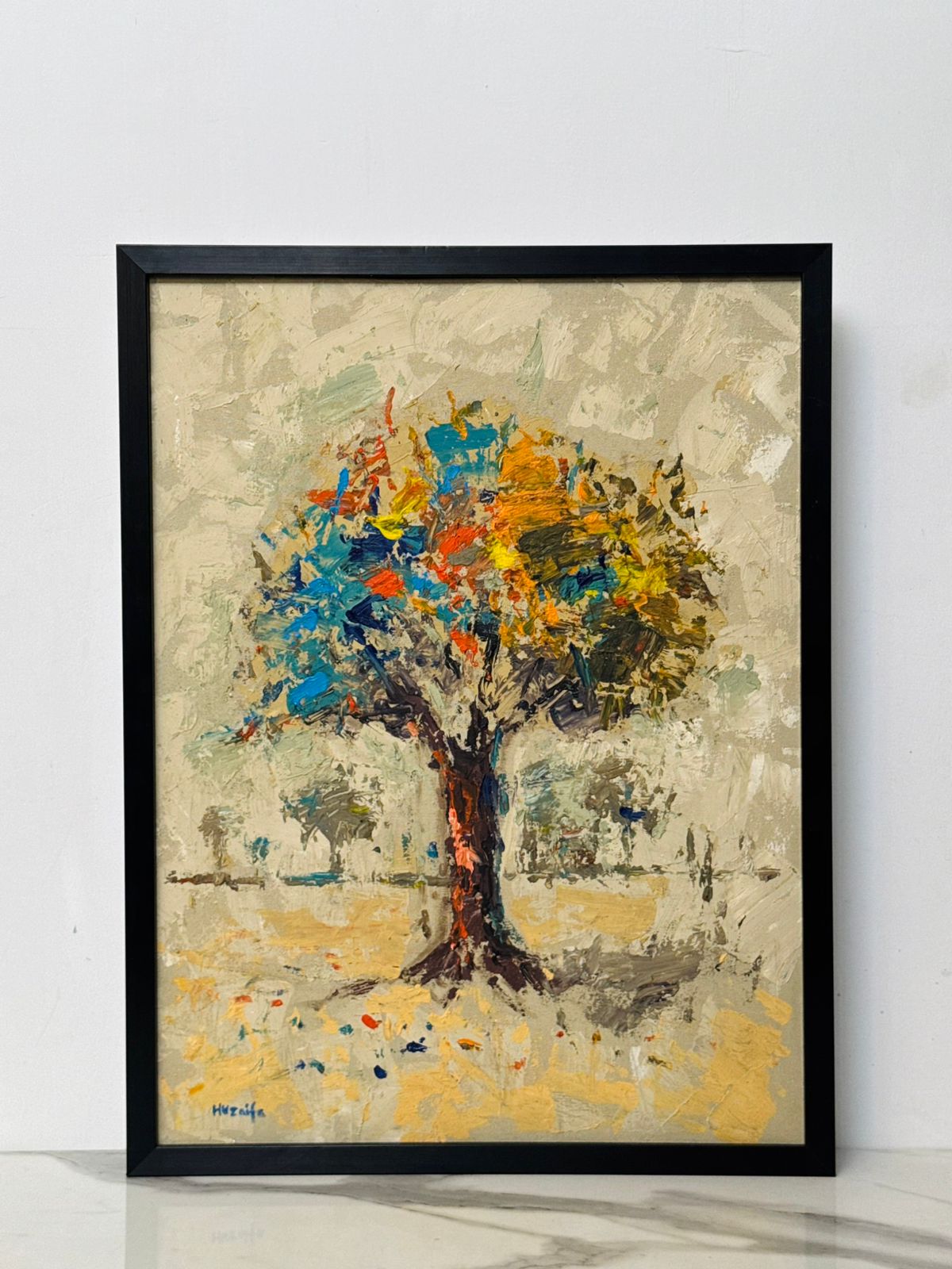 Handmade Impasto Tree Painting | 18x24 Inches | Textured Wall Art with Italian Frame