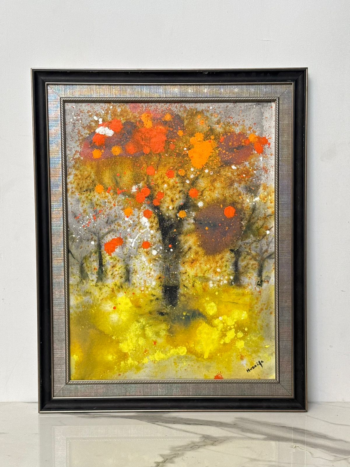 Handmade Watercolor Tree Painting | 18x24 Inches | Canvas Wall Art with Black Italian Frame